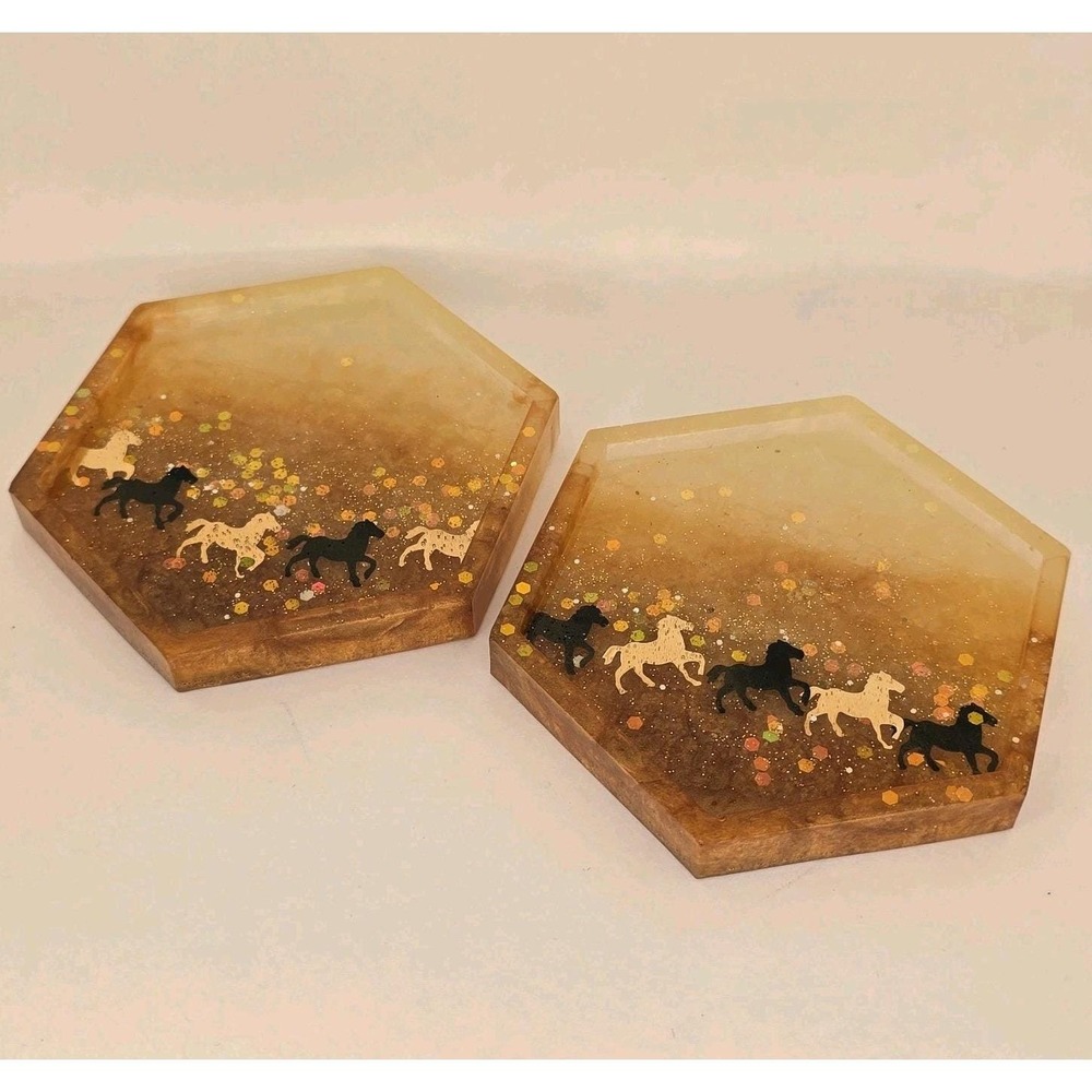 Horses Hexagon w/ Pads Coaster Trinket Tray Set Glitter Gold Ombre Amber Brown - Picture 3 of 12